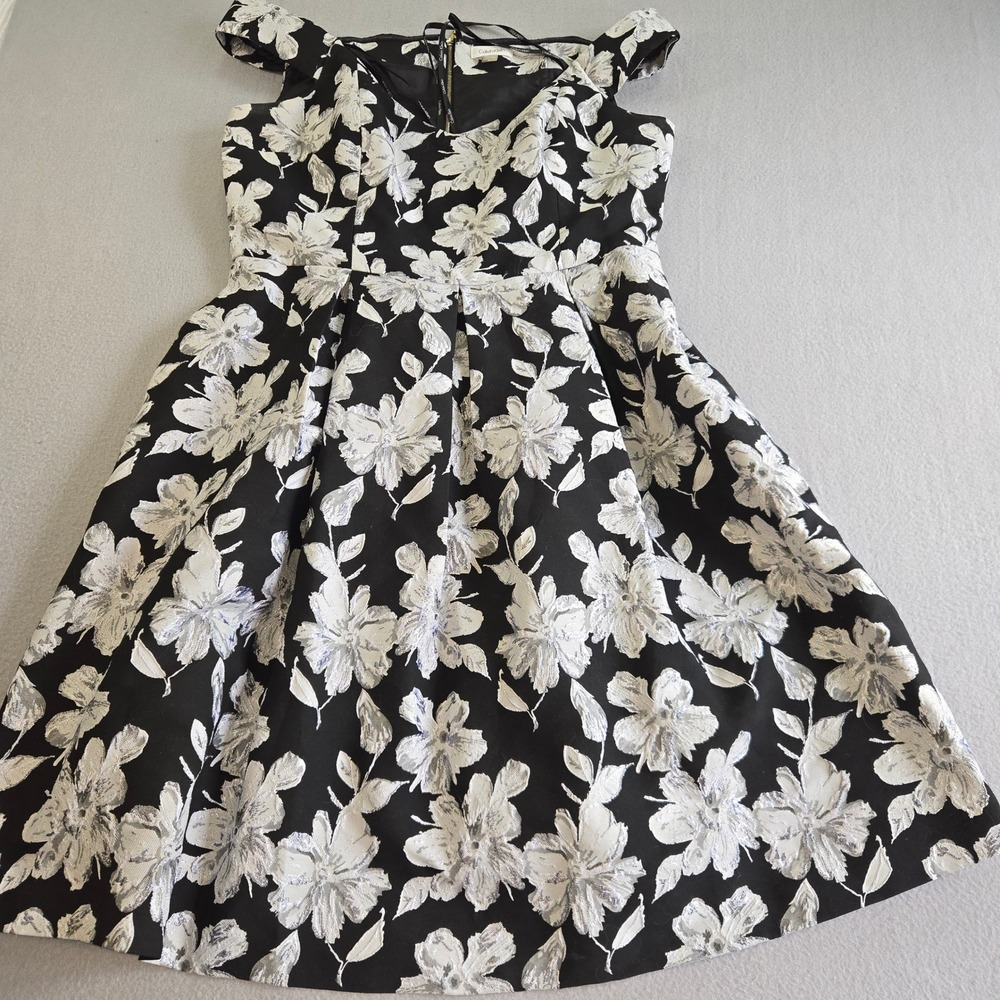 Calvin Klein‎ Floral Jacquard Dress Womens 14 Black Silver Off Shoulder CD9L15XK
